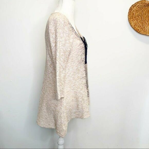 One World Live and Let Live boho Tunic Sz Medium ivory blue elbow sleeve top - Picture 5 of 10